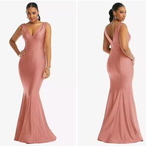 CYNTHIA & SAHAR Shirred Shoulder Stretch Satin Mermaid Dress Desert Rose S NWT